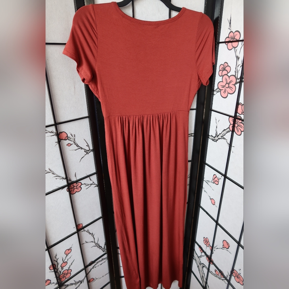 Daily Ritual Salmon Color Red Pink Ruched Prairie Maxi Sundress Size Medium - Picture 9 of 11